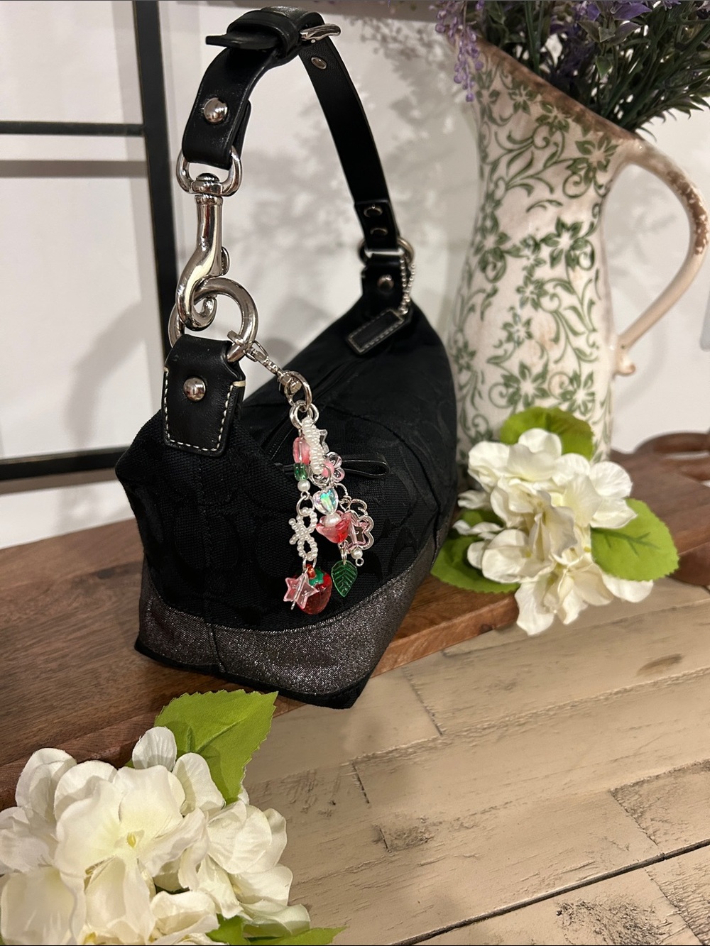 Coach Black Signature Shoulder Bag with Glitter Silver Trim